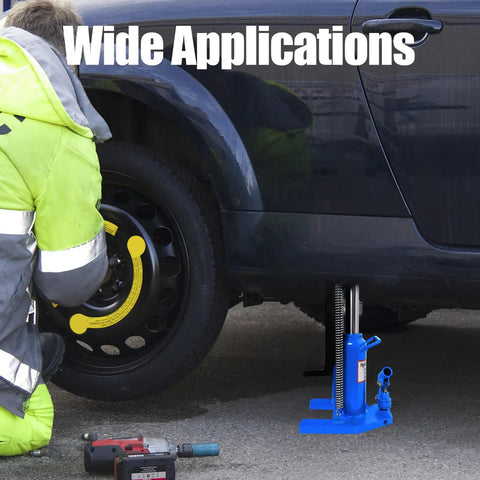 Heavy Duty 2 In 1 Hydraulic Bottle Toe Jack With Savage 10 Ton And 5 Ton Capacity in use under a vehicle for tire repair.