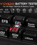 Universal 6V 12V 24V Car Battery Tester With Cloud Report For Quick Health Check Voltage Readout Charge Status And Cranking And Charging System Diagnostics In One Handy Automotive Tool, shown with AGM, EFB, GEL and lithium batteries