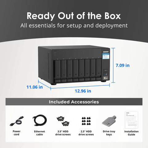 Beefy Eight Bay Nas Server With Snappy Quad Core Processor And Four Gigs Of Memory Expanding To Sixteen Gb with setup accessories