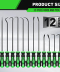 Pro Grade 12 Piece Pick And Hook Tool Set For Auto Mechanics with varying sizes, Ultra Durable Chrome Vanadium Hooks