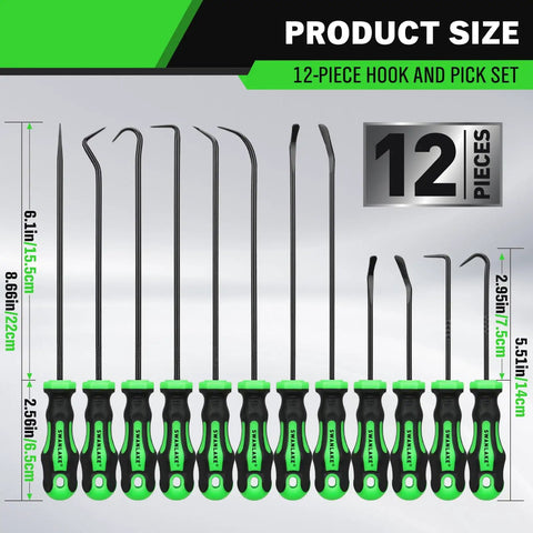 Pro Grade 12 Piece Pick And Hook Tool Set For Auto Mechanics with varying sizes, Ultra Durable Chrome Vanadium Hooks