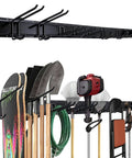 66 Inch Heavy Duty Garage Tool Organizer Wall Mount Rack With 720lbs Capacity And Adjustable Hooks For Rakes Brooms Shovels Snowboards And Garden Tools Built From Anti Rust Steel shown with various tools stored