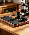 Heavy Duty Wooden Espresso Tamper Station Holder Fits 51mm To 58mm Portafilters with grippy non-slip base on kitchen counter.