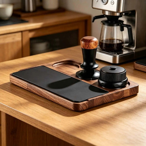 Heavy Duty Wooden Espresso Tamper Station Holder Fits 51mm To 58mm Portafilters with grippy non-slip base on kitchen counter.