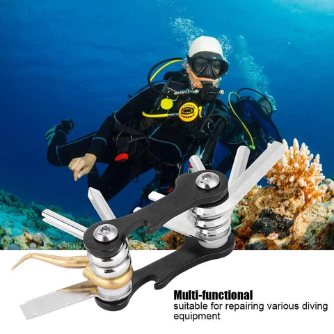 Diver using 8 In 1 Scuba Diving Multi Tool with folding design, stainless steel repair kit, includes screwdrivers and wrenches