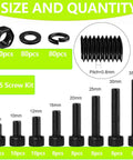 Dope M5 Hex Socket Head Cap Screw Kit With 8mm 10mm 12mm 16mm 20mm 25mm 30mm 35mm Bolts, 12.9 Grade Alloy Steel Black Oxide Finish, High Strength For 3D Printers, Corrosion Resistant, Full Set showing M5 screws, nuts, and washers with size chart