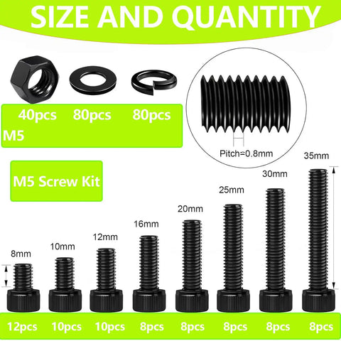 Dope M5 Hex Socket Head Cap Screw Kit With 8mm 10mm 12mm 16mm 20mm 25mm 30mm 35mm Bolts, 12.9 Grade Alloy Steel Black Oxide Finish, High Strength For 3D Printers, Corrosion Resistant, Full Set showing M5 screws, nuts, and washers with size chart