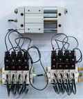 Pneumatic system setup with valves and connections, featuring Long Brass Pneumatic Exhaust Muffler Silence for Solenoid Valves One Eighth Inch NPT.