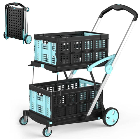 Heavy Duty Foldable Grocery Cart on Wheels, 200 Lbs Capacity with Two Collapsible Crates and Foot Brakes, folded view included