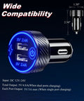 Grab And Go Dual Usb Car Charger With Fast Charge Ports Solid Cigarette Lighter Adapter showing dual USB ports and size details.