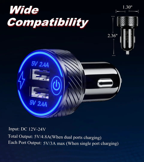 Grab And Go Dual Usb Car Charger With Fast Charge Ports Solid Cigarette Lighter Adapter showing dual USB ports and size details.