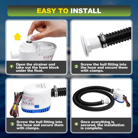 Installation steps for Beefed Up 1100 GPH 12V Automatic Boat Bilge Pump With Three Way Switch Panel And Plumbing Kit