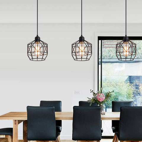 Industrial Pendant Light Fixture Black Basket Cage With E26 Base over dining table in modern kitchen setting