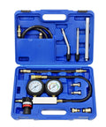 Front view of Altivox automotive cylinder leak-down tester kit in blue case with dual gauges, hoses and brass adapters.