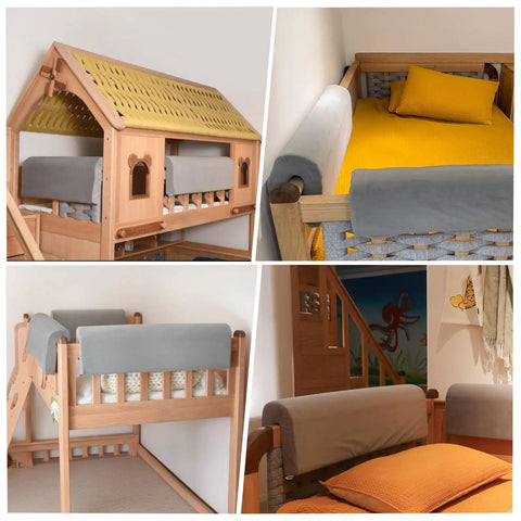 Heavy Duty Toddler Bed Rail Bumper Guards Thick Foam Crash Cushions For Bunk Bedroom Lofts with cozy bedding and wooden frames.