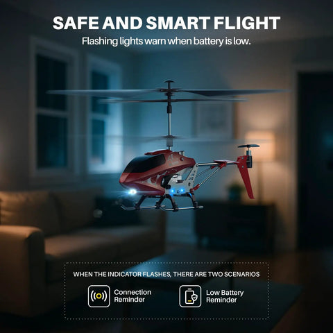 Durable Alloy RC Helicopter for Kids and Beginner Friendly hovering indoors with flashing lights in a dimly lit room.