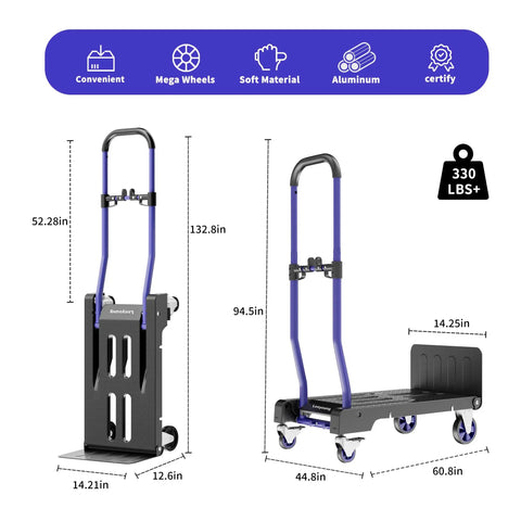 3 In 1 Folding Hand Truck Built Tough With 330 Pound Capacity Adjustable Handle 360 Degree Swivel Casters One Touch Parking Brake Collapsible Dolly For Warehouse Moving Travel And Easy Storage., folded and open with dimensions