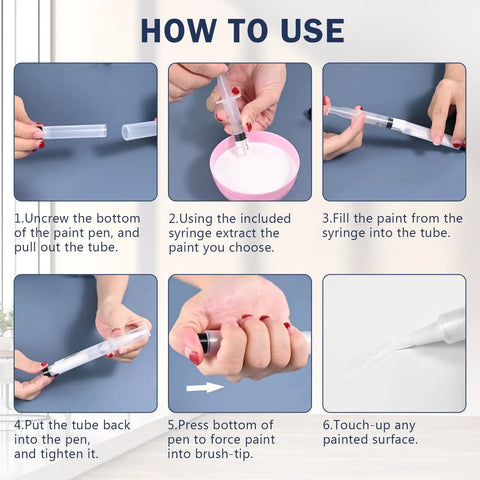 Instructions on using Easy Touch Up Paint Pens Refillable Wall Repair Kit for drywall and furniture repairs.
