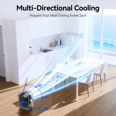 Rechargeable USB Desk Fan With Turbo Airflow And Ultra Quiet 35dB Noise demonstrating 90 degree tilt in a modern kitchen