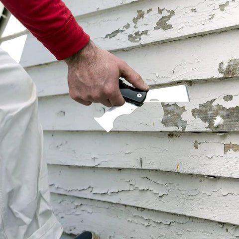 Using Dual Blade Folding Painter Tool Five In One Stainless Steel Multi Tool With Flexible Putty Knife on exterior wall