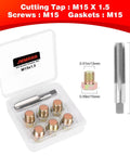 Oil Drain Plug Thread Repair Kit M15 X 1.5mm with tap, screws, and gaskets in clear case for DIY car repairs