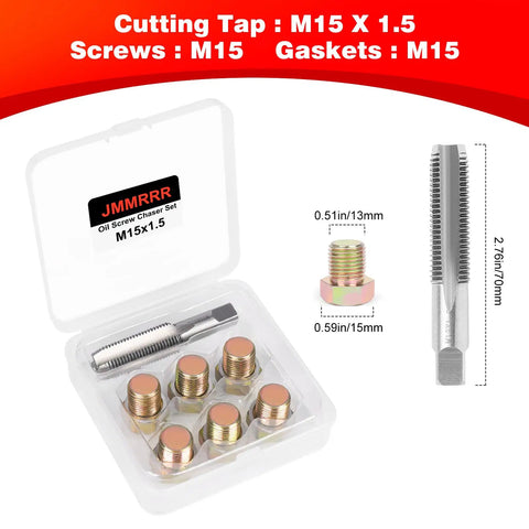 Oil Drain Plug Thread Repair Kit M15 X 1.5mm with tap, screws, and gaskets in clear case for DIY car repairs