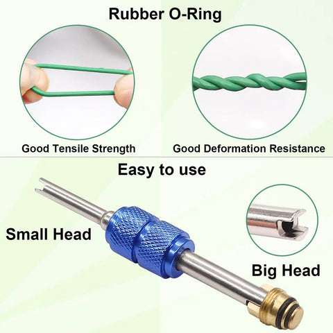 Car AC Repair Kit With 270Pcs Green Rubber O Ring Set And 102Pcs Valve Core Kit With Remover Tool showing tensile strength and tool heads
