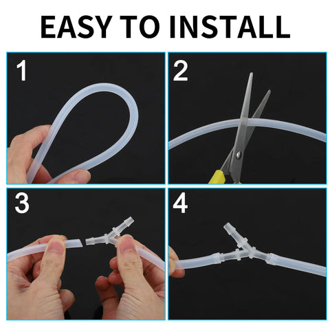 INFINAUTO 1/8 in translucent automotive vacuum tubing with a Y-shaped 3-way plastic fitting; four-step install collage