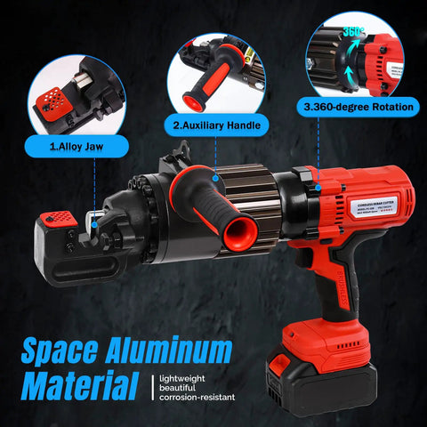 Loschen Cordless Rebar Cutter With 360 Degree Rotation, Portable Electric Hydraulic Saw, showcasing alloy jaw and auxiliary handle.