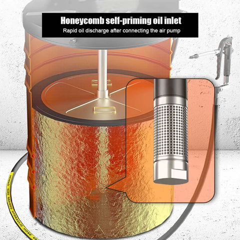 Heavy Duty Air Powered Grease Pump Is A True Heavy Hitter Delivering Knockout Eighty To One Pressure Ratio Includes No Nonsense Grease Gun Plus Twenty Foot Hose For Standard Drums with honeycomb self-priming oil inlet