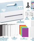 Electric Automatic A4 Die Cutting And Embossing Machine With Complete Accessory Kit showing a blue and white design, power cable, and various crafting supplies.
