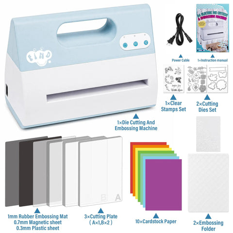 Electric Automatic A4 Die Cutting And Embossing Machine With Complete Accessory Kit showing a blue and white design, power cable, and various crafting supplies.