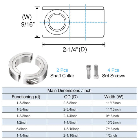 2 Pack Heavy Duty Double Split Shaft Collar Clamp On Set Screw For One And Three Eighths Inch Rod Two And A Quarter Inch OD Nine Sixteenth Inch Width 304 Stainless Steel