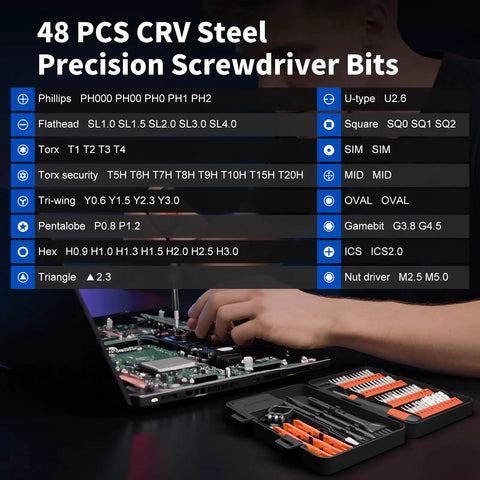 64 In 1 Magnetic Precision Screwdriver Kit For Electronics Repair displayed with bits and tools for computers and consoles.