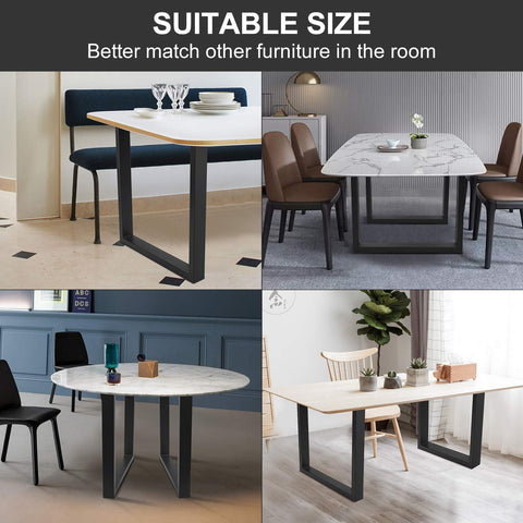 Set Of 2 Heavy Duty Steel Table Legs 28 Inch High And 23 Inch Wide For Dining Tables Desks Computer Desk Or Benches Country Style Industrial DIY Furniture Legs supporting different tabletops in various home settings.