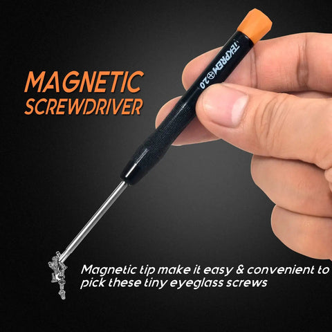 Close-up of a hand holding a magnetic screwdriver with screws for an All-In-One Eyeglass Repair Kit With Magnetic Driver, Small Phillips.