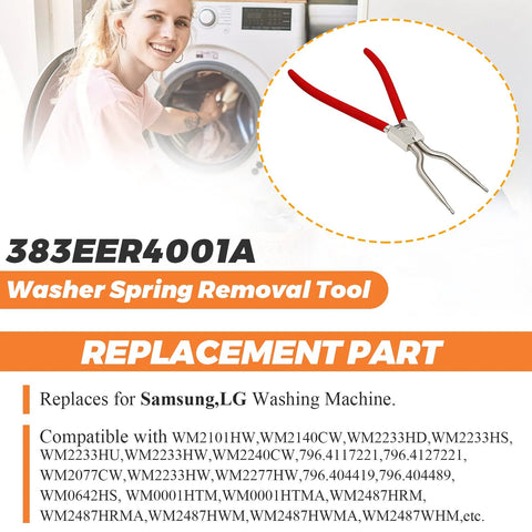 Washer tub spring expansion tool by Beaquicy, close-up view, solid metal with red handles, spreads to 4.3 inches.