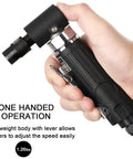 Right Angle Pneumatic Die Grinder 25000 RPM Air Powered Tool featuring 1/4 and 1/8 collets for one-handed operation.