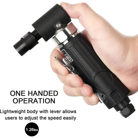 Right Angle Pneumatic Die Grinder 25000 RPM Air Powered Tool featuring 1/4 and 1/8 collets for one-handed operation.