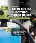 Heavy Duty Electric Drum Pump With 7.6 GPM Flow Rate, DC 20V powered, shown on a blue drum during liquid transfer.