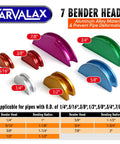Carvalax Pipe Tube Bender Set For 1/4 To 7/8 Inch O.D. LITE Version showing seven color coded aluminum bender heads.