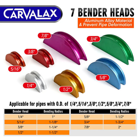 Carvalax Pipe Tube Bender Set For 1/4 To 7/8 Inch O.D. LITE Version showing seven color coded aluminum bender heads.