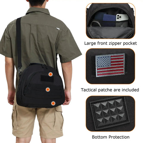 Back view of person carrying black Padded Scuba Regulator Bag With 7mm Foam Padding, featuring large zipper pocket and tactical patches.