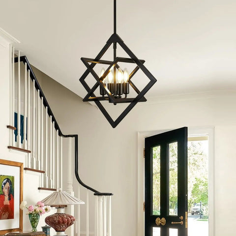 Modern Eighteen Inch Black Chandelier Four Light Industrial Pendant in a stylish entryway, complementing decor.