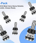Six TR416 brass Schrader tire valve stems with knurled caps; 1-1/2 inch, fits 0.453–0.625 in rim holes.