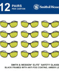 Badass Lightweight Anti Fog Safety Glasses With Amber Yellow Tinted Lenses And Sleek Black Frame For Shooting Sports Plus Top Notch Unisex Uv Protection In A Handy Twelve Pack Bundle, shown in pack of 12.