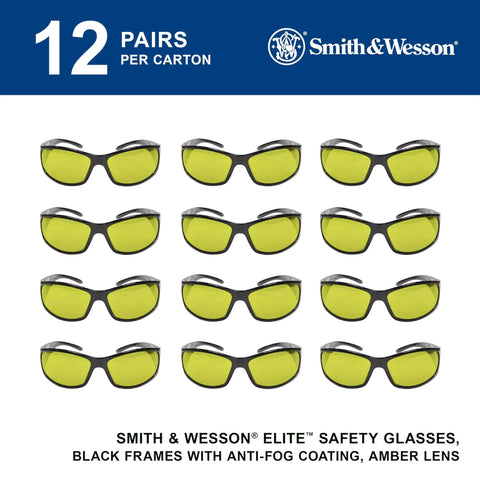 Badass Lightweight Anti Fog Safety Glasses With Amber Yellow Tinted Lenses And Sleek Black Frame For Shooting Sports Plus Top Notch Unisex Uv Protection In A Handy Twelve Pack Bundle, shown in pack of 12.