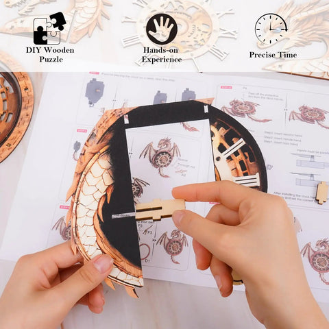 Dragon Clock 3D Puzzle Kit For Adults Hands On Wooden Puzzle Craft To Build An Epic Standout Timepiece Wall Decor And Brain Teaser You Can Finish On A Weekend, wooden clock assembly close-up