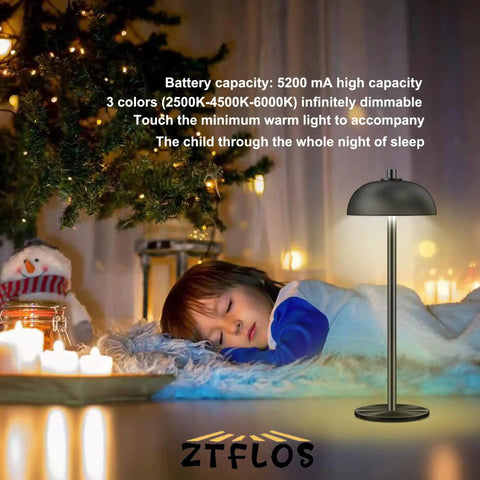 Child sleeping by Christmas tree with Cordless Table Lamp With 5200mAh Battery, LED Portable Touch Desk Light, Three Stage Stepless Dimming