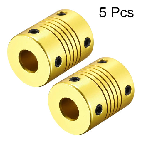 Five Pack 8mm To 8mm Aluminum Shaft Coupling Flexible Coupler Zero Backlash 25mm Long 20mm OD Golden Tone for DIY Projects